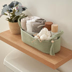 Decorative Toilet Paper Basket – Beautiful Bathroom Organizer for Toilet Tank Storage Decor – Boho Cotton Rope Bin with Tassel for Bathroom Accessories and as Shelf Decor (sage Green)