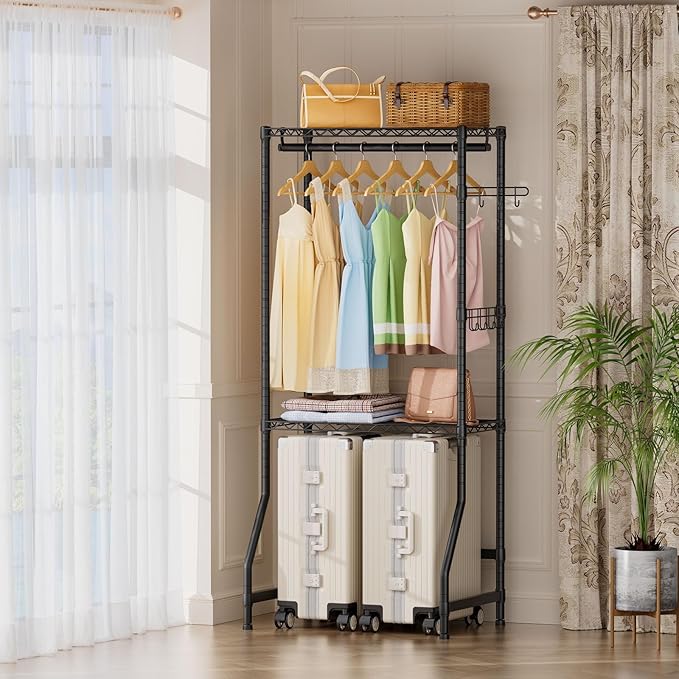 Over Washer and Dryer Shelves,2 Tier Adjustable Height Wire Shelving Laundry Room Storage Organization Clothes Drying Rack with Hanger Rod&Hooks,Space Saving Organizers Shelf,Black