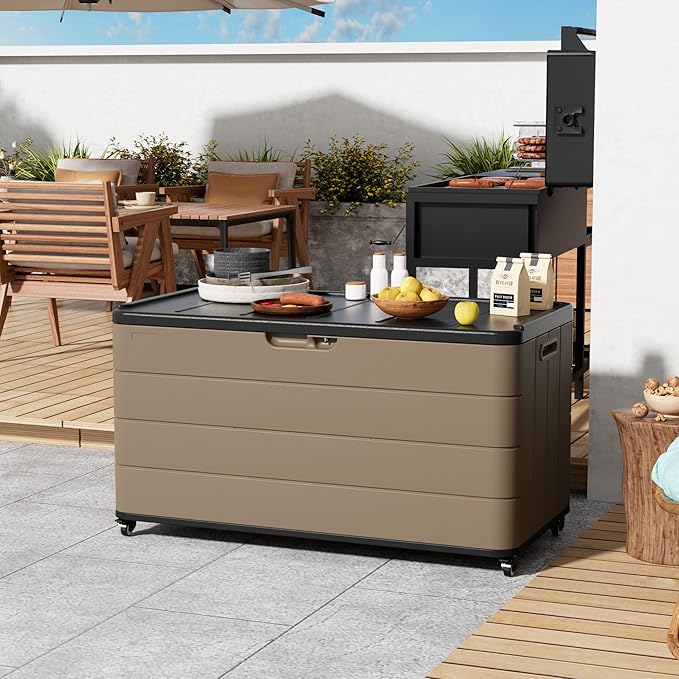 110 Gallon Deck Box Waterproof with Wheels - Mobile Double-Wall Resin Outdoor Storage Box for Patio, Pool, & Garden - Lockable Deck Storage for Cushions, Pool Floats, Boat Slip (Brown)