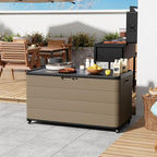110 Gallon Deck Box Waterproof with Wheels - Mobile Double-Wall Resin Outdoor Storage Box for Patio, Pool, & Garden - Lockable Deck Storage for Cushions, Pool Floats, Boat Slip (Brown)