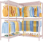 E15 Pro Garment Rack L Shaped Clothes Rack for Corner，Freestanding Clothing Racks for Hanging Clothes，Heavy Duty Closet System with 4 Hanging Rods & 8 S Hooks，48.8"W x 15.8"D x 78.4"H，Pink