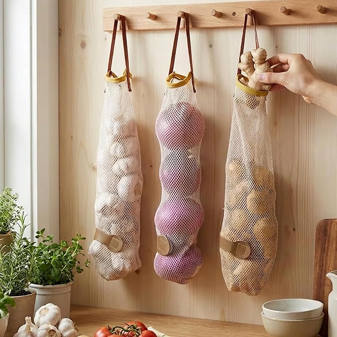 Larrel 5PCS Hanging Mesh Storage Bags, Potatoes Onion Garlic Mesh Storage Bags, Long and Large Reusable Net Produce Bag, Net Produce Bag for Fruit and Veggies, Garbage-Bags for Home RV Camper (Beige)