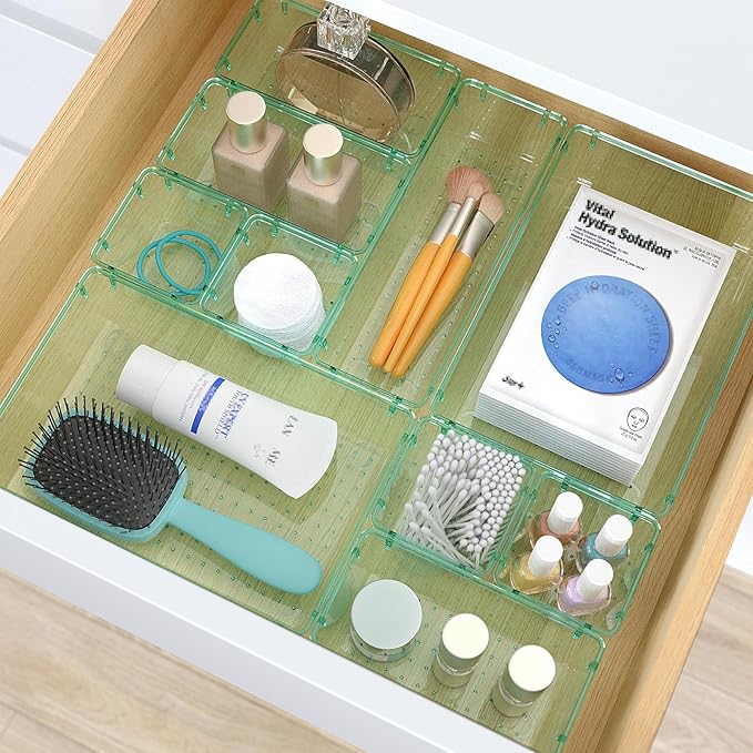 28 PCS Clear Plastic Drawer Organizers Set, 4 Size Desk Drawer Organizer Trays for Makeup, Jewelry, Kitchen Utensils, Gadgets and Office Accessories, Sea Blue