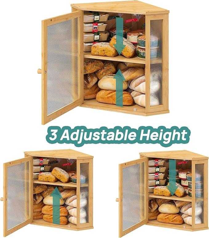 Corner Bread Box for Kitchen Counter, Bamboo Wood Large Capacity Bread Storage Bin with Acrylic Wavy Door Panel (Natural, Extra Large)