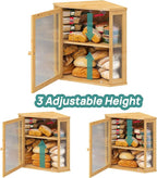 Corner Bread Box for Kitchen Counter, Bamboo Wood Large Capacity Bread Storage Bin with Acrylic Wavy Door Panel (Natural, Extra Large)