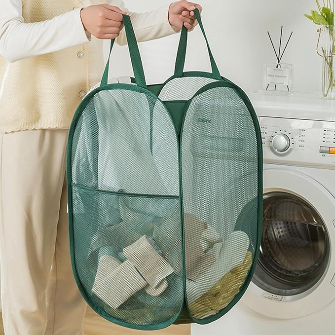 2Pack Collapsible Laundry Basket with Side Pocket, Mesh Pop Up Hamper Portable Carrying Handle, Cruise Room Storage Basket (Beige+Green)