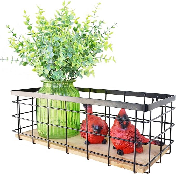 Metal Wire Basket Detachable Wood Base Storage Organizer Farmhouse Hanging Basket for Kitchen Cabinets, Bathroom, Pantry, Laundry Room,1 Pack in Black Color,Size Big