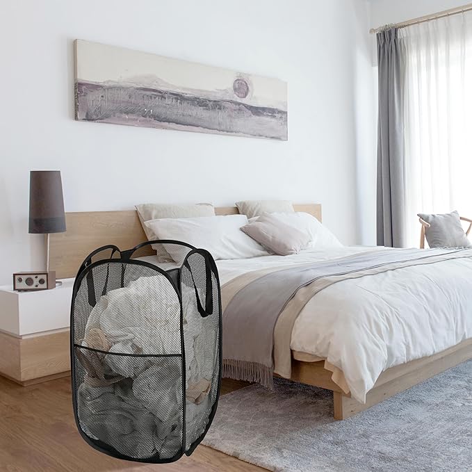 2 Pack Laundry Basket,Foldable Mesh Pop-up Laundry Hamper with Durable Handle,Easy to Open and Fold for Dorm, Laundry Room, Bedroom, RV… (White+Black)