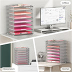 Lavatino 8-Tier Office Desk File Organizer, Letter Tray Paper Organizer with Handle, Including 5 Adjustable Slide Trays for Organizing Desktop Workspace Accessories and Supplies (Silver Metal Mesh)