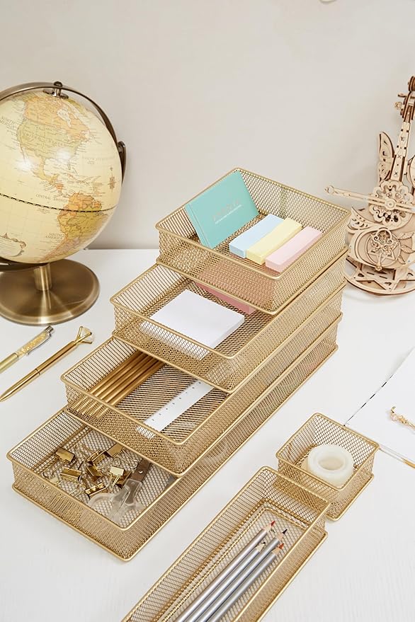 Annova Mesh Stackable Drawer Cabinet and Shelf Organizer Bins Storage Basket School Office Supply Holder Tray- Set of 2 (Gold, 6x6x2 Inch)