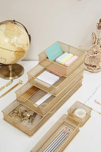 Annova Mesh Stackable Drawer Cabinet and Shelf Organizer Bins Storage Basket School Office Supply Holder Tray- Set of 2 (Gold, 6x6x2 Inch)