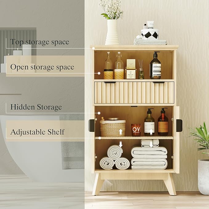 FLOWBACK Fluted Cabinet, 40'' High Coffee Bar Cabinet with Drawer & Door, Bathroom Storage with Open Shelf, Wood Kitchen Pantry Sideboard Buffet Table with Shelves for Kitchen, Dining Room, Entryway