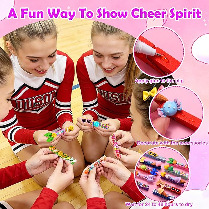 100 Set Cheer Pins Spirit Clips, 100 Wooden Colored Clothes Pins 170 Resin Animals Ducks Bows Accessories and Stickers Pen 300 Beads Pearls for Cheerleading Backpacks Cheer Gifts Bulk