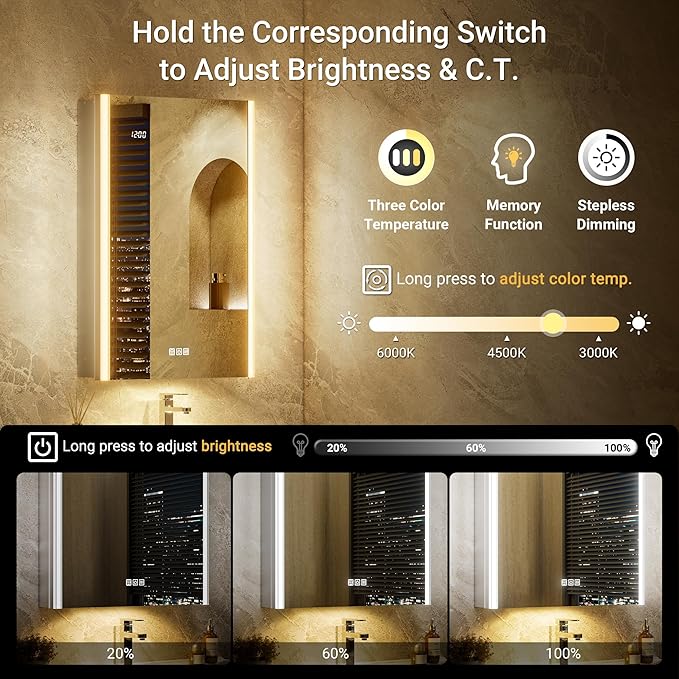 24x32 LED Bathroom Medicine Cabinet Mirror with Smart Night Lamp, Surface or Recessed Fogless Lighted Medicine Cabinet Mirror with Outlet &Clock,Built-in Sensor Light& Soft-Close Right-Hinge