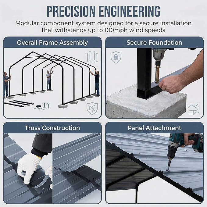 20x20 FT Heavy Duty Metal Carport - Galvanized Steel Car Shelter Garage Kits for 2 Car, RVs, Boats & Outdoor Storage - Gray Roof with Black Frame