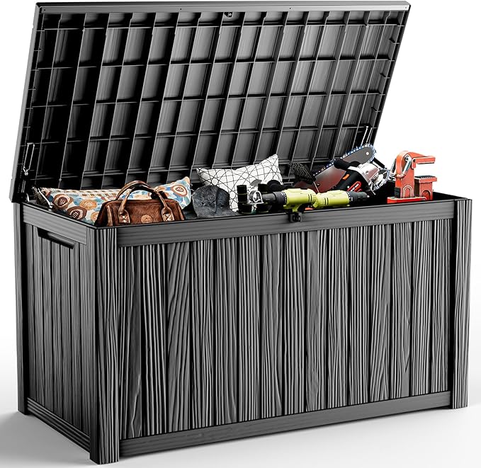 200 Gallon Outdoor Waterproof Resin Storage Deck Box Lockable Outside Bench UV Resistant Bin Patio Porch Furniture Pool Float Garden Tool Cushion Black