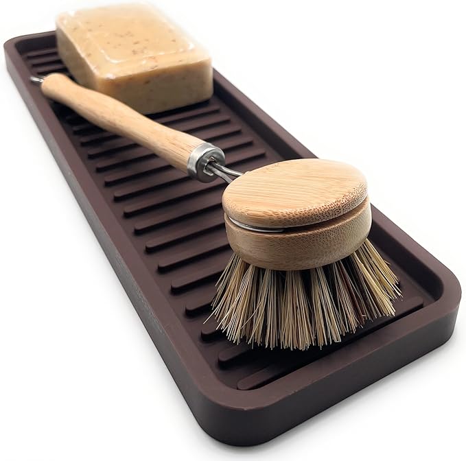 Happitasa Silicone Kitchen Sink Organizer Tray, Sponge Holder and Countertop Protector | Bathroom and Kitchen Soap Dish and Dispenser Tray (Dark Chocolate, 12"x4", 9.2 Ounces)