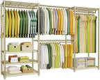 Ulif E1 Heavy Duty Closet Garment Rack, 6 Tiers Adjustable Metal Freestanding Expandable Clothing Storage with 4 Hanger Rods, Easy to Assemble Wardrobe, 71.4" H x (70" - 88.2") L x 14" D, Gold