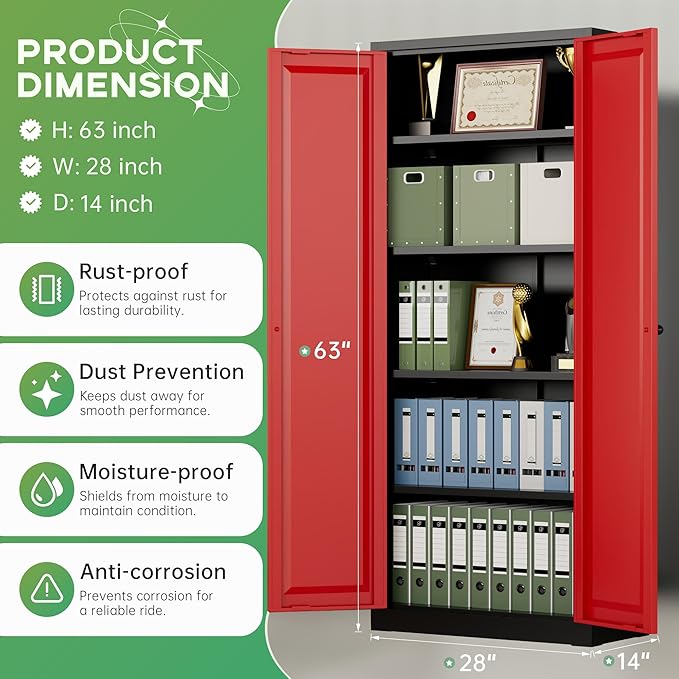 INTERGREAT Metal Storage Cabinet with Magnetic Doors, 63" H Traditional European Style Metal Cabinets with 2 Doors and 4 Adjustable Shelves for Home Office, Kitchen, Bathroom (Black Red)
