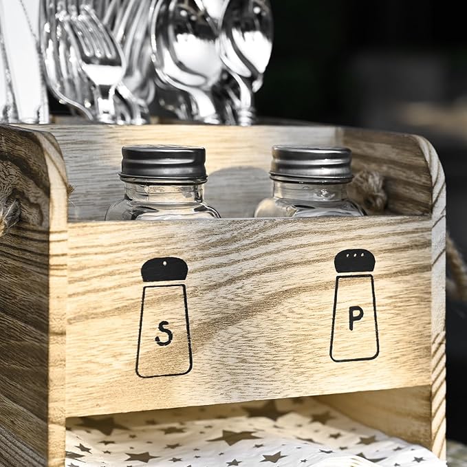 Ikee Design 2 Piece Set Wooden Utensil Caddy with Handles,Includes Free Salt Pepper Shaker,Silverware Caddy for Countertop,Party and Kitchen,Spoon and Fork Holder,Picnic Cutlery Holders,Oak Color
