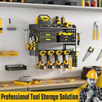 Power Tool Organizer, Heavy Duty Wall Mount Tool Organizer 3 Layers with 4 Drill Holders, Garage Tools Storage Rack with 2 Side Pegboards and Hooks for Workshop, Shed, Black