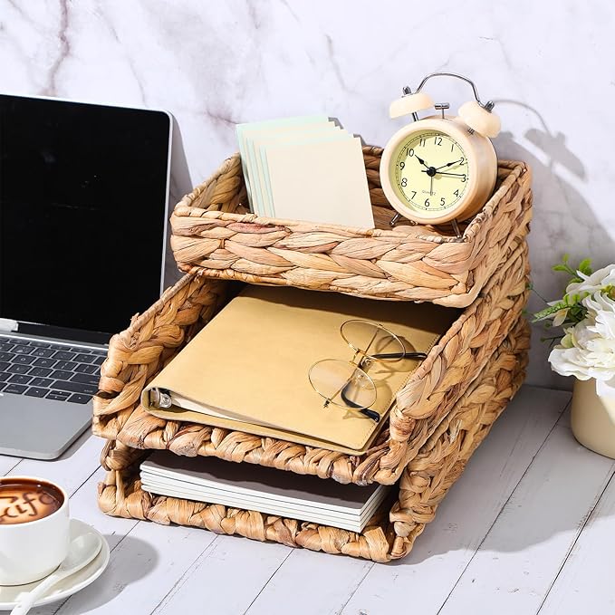 Geelin 3 Pack Water Hyacinth Woven Stackable Desk Organizer Letter Tray, Primary Color Tabletop Desk Basket for Storage Paper Letter Folders Notebooks Copy Print, Workspace Holder