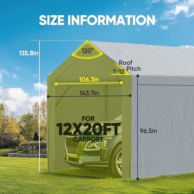 ADVANCE OUTDOOR 12x20 ft Carport Replacement Door with Zippers Tarp, Heavy-Duty Waterproof & UV Protected, Easy Installation with Ball Bungees, Sliver Gray, One Door Only