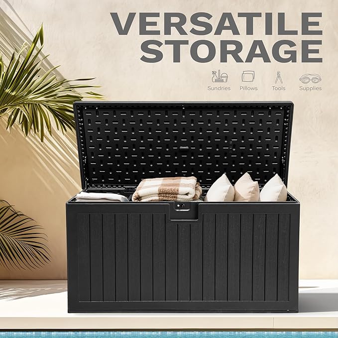 DWVO 150 Gallon Double-Wall Deck Box, XL Large Resin Outdoor Storage Box, Lockable & Waterproof, Double as Seating, 1000lbs Capacity (Black)