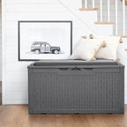 Flamaker Deck Box with Cushion 98 Gallon Waterproof Resin Storage Box with Air Rod Indoor Outdoor Lockable Storage Bench for Patio Furniture, Tools, Pool Accessories (Gray)