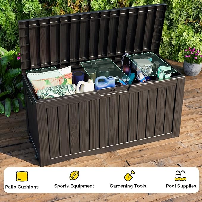 90 Gallon Outdoor Waterproof Resin Storage Deck Box Lockable Outside Bench UV Resistant Bin Patio Porch Furniture Pool Float Garden Tool Cushion Black