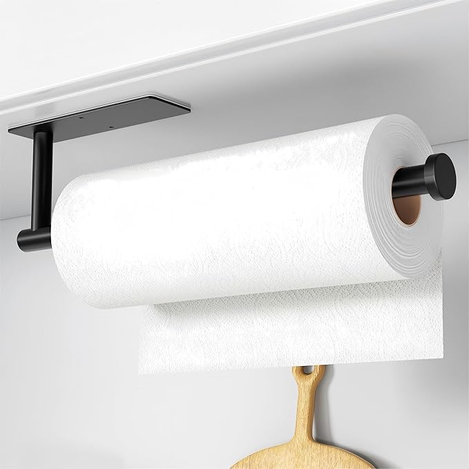 Paper Towel Holder Under Cabinet No Drilling, Self Adhesive Paper Towel Holder Wall Mount for Kitchen Rack,Under Cabinet Paper Towel Holder, RV, 304 Stainless Steel（Black）