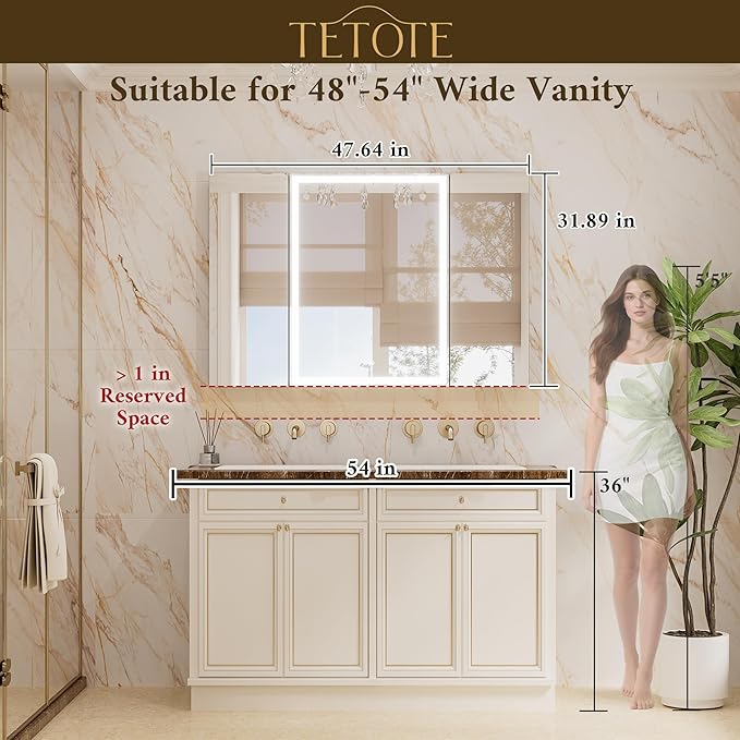 TETOTE 48 x 32 Lighted Bathroom Medicine Cabinet with Adjustable Shelves, Silver Aluminum Cabinet, Anti-Fog Stepless Dimmable 3 Colors White/Warm/Natural, Easy to Install(Wall Mount/Recessed)