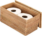 Hipiwe Rattan Basket Box with Lid Toilet Roll Storage Baskets Bin Handwoven Wicker Basket Box Bathroom Toilet Paper Holder Rectangular Baskets Bin for Shelf Home Decor, 11.8"Lx6.2"Wx6.1"H