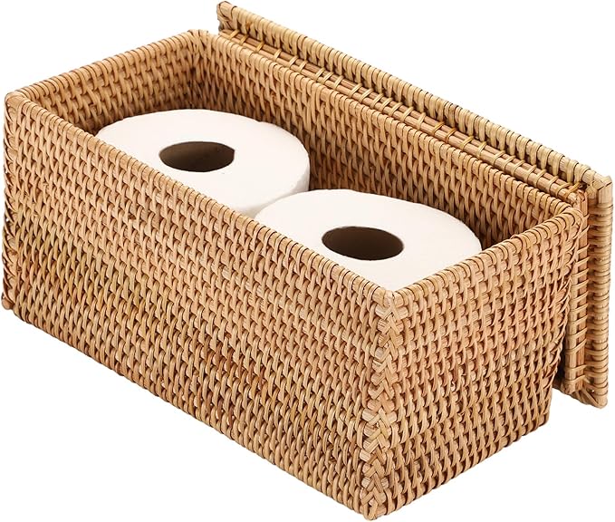 Hipiwe Rattan Basket Box with Lid Toilet Roll Storage Baskets Bin Handwoven Wicker Basket Box Bathroom Toilet Paper Holder Rectangular Baskets Bin for Shelf Home Decor, 11.8"Lx6.2"Wx6.1"H