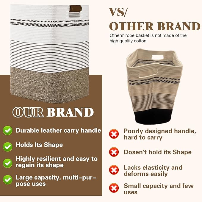Laundry Hamper, 95L Tall Laundry Basket with Leather Handles, Rectangle Large Clothes Hamper for Organizing, Cotton Woven Laundry Baskets Storage Hampers for Bedroom, Nursery, Living Room