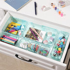 25 Pcs Clear Drawer Organizer, Adjustable Drawer Storage Box, 3-Size Desk Drawer Organizer, Acrylic Storage Bins for Makeup, Kitchen Utensils, Bedroom Dressers Tool Organizer for Gadgets, Blue