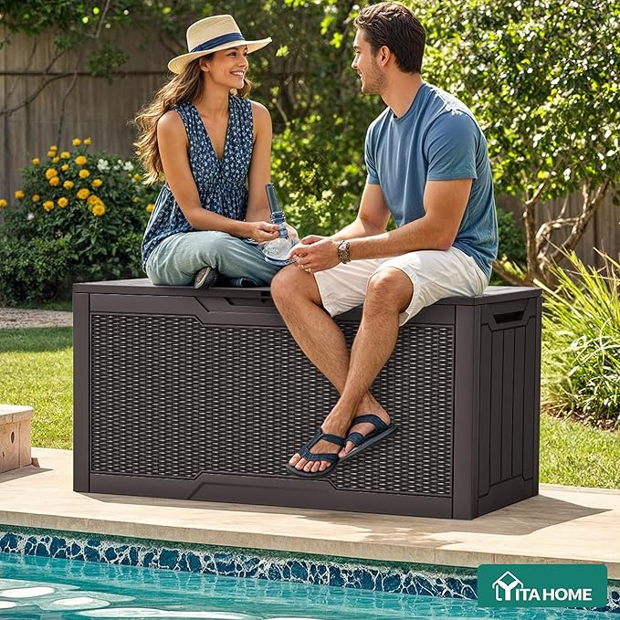 YITAHOME 80 Gallon Outdoor Storage Box, Large Water Resistant Resin Deck Box, Indoor Outdoor Lockable Rattan Storage Container for Patio, Garden, Cushions, Tools, Equipment (Dark Brown)