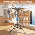 4-Leg Clothes Drying Rack with 6 Adjustable Poles, 20 Windproof Hooks and 2 Sock Clips Foldable Laundry Drying Rack, Space-Saving Indoor/Outdoor Clothes No-Installation Drying Stand, Black