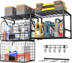 Garage Shelf Wall Mounted with Wire baskets, Heavy Duty Garage Wall Shelving with Garden Tool Rack and Hooks, Wire Shelf Baskets Tool Organizer for Home Garden Yard Organization and Storage