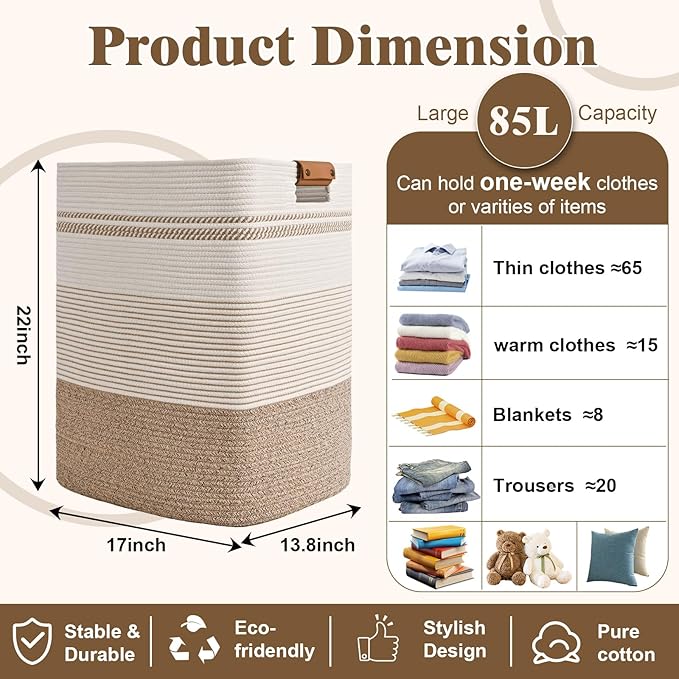 Laundry Hamper, 85L Tall Laundry Basket with Leather Handles, Rectangle Large Clothes Hamper for Organizing, Cotton Woven Laundry Baskets Storage Hampers for Bedroom, Nursery, Living Room