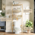 3 Tier Over The Toilet Organizer Rack Bamboo, Freestanding Bathroom Toilet Storage Shelf, Space Saving and Easy to Install, Adjustable Feet, Adjustable Bottom Rod