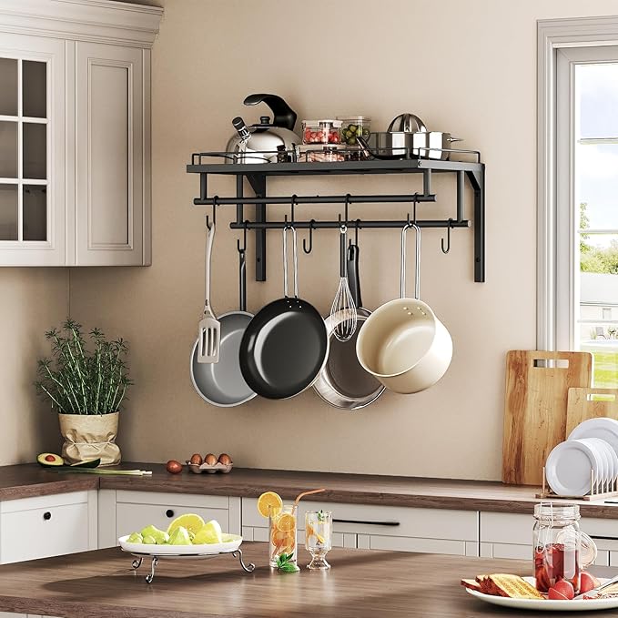 Hanging Pot Rack, Wall-Mounted Pot Rack, Kitchen Cookware Organizer, Metal Pot and pan Organizer Holder, for Cookware, Utensils Organization, Black TPR37BB
