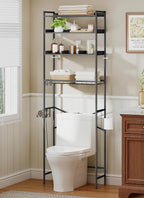 4 Tier Over The Toilet Storage Shelf with 3 Adjustable Shelves, Space Saver Bathroom Organizer with 4 Hooks, Freestanding Above Toilet Rack for Restroom Laundry (Black)