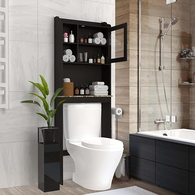 Espresso Over The Toilet Storage Cabinet, Bathroom Organizer with Adjustable Shelf and Open Space, Bathroom Shelf Over Toilet, Wood Toilet Storage for Home Bathrooms (Espresso)