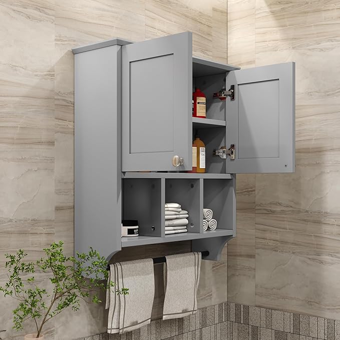 Medicine Cabinets, Bathroom Cabinet Wall Mounted 2-Door with 3 Open Shelves, Over The Toilet Storage Cabinet with Towels Bar for Toilet, Bathroom (Grey)