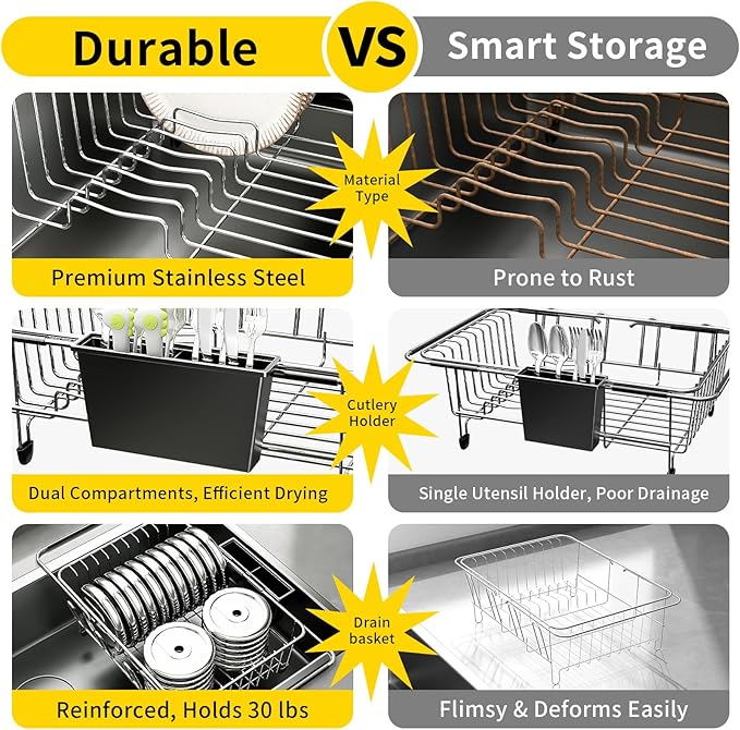 Expandable Over The Sink Dish Drying Rack - Adjustable Stainless Steel Dish Rack for Kitchen Counter or In-Sink, Heavy-Duty Rust-Proof Space Saving Drainer with Utensil Holder (15.5" to 23.2")