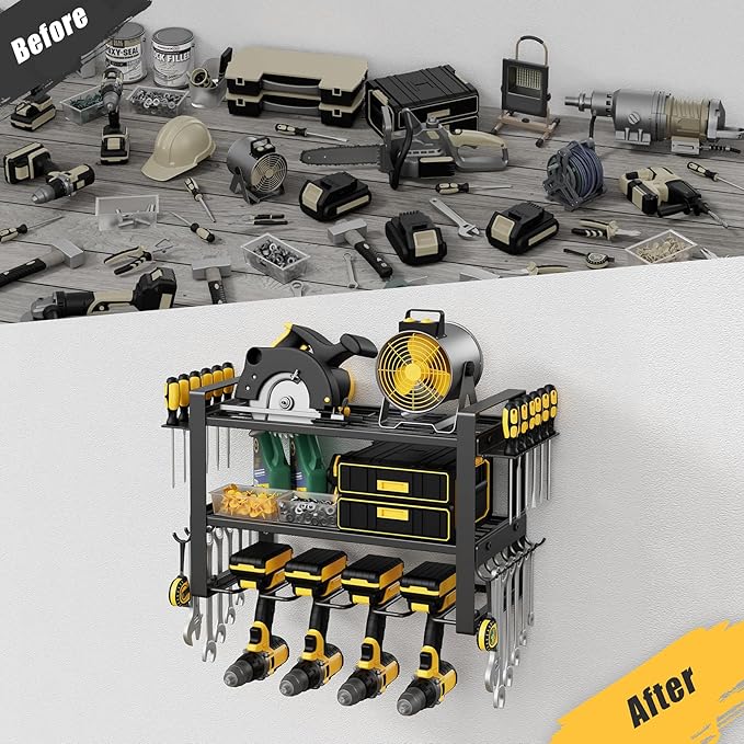 Power Tool Organizer Wall Mount, 3-Tier Tool Storage Rack with 4 Drill Holders, 150LBS Load Heavy Duty Cordless Tool Shelf for Garage Organization, Gift for Men