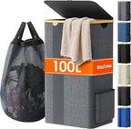 BlissTotes Laundry Basket with Lid, 100L Clothes Laundry Hamper with Handles and Removable Laundry Bag, Breathable Design Hamper with Lid for Bedroom, Bathroom, Dorm, Laundry Room - Light Grey