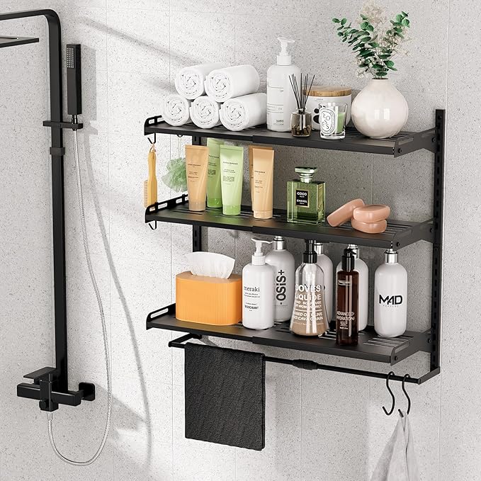 Over The Toilet Storage, 23.8" Lx8.46 Wx23.8 H, 3-Tier Adjustable Metal Bathroom Organizer Expandable Over Toilet Storage, Floating Heavy Duty Bathroom Storage, Space Saver w/Hanging Rod-Black