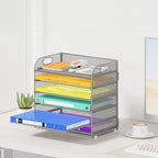 6 Tier Paper Organizer, Silver Letter Tray with Handle, Mesh Desk Organizer, Metal File Organizer, Office Desk Accessories for Home, Office, Classroom, School